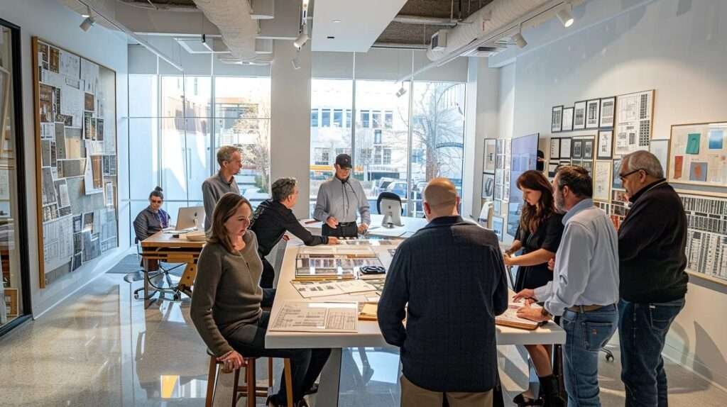 a bustling urban kitchen remodeling office, featuring a diverse team of professionals collaborating around a large design table, surrounded by blueprints and digital screens showcasing innovative layouts and cost-effective materials.