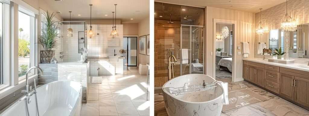 a chic urban interior showcases a luxurious bathroom renovation with sleek modern fixtures, elegant tiles, and strategic lighting, highlighting the high-end craftsmanship and detailed design elements, all set against a sophisticated backdrop of an ongoing construction project.