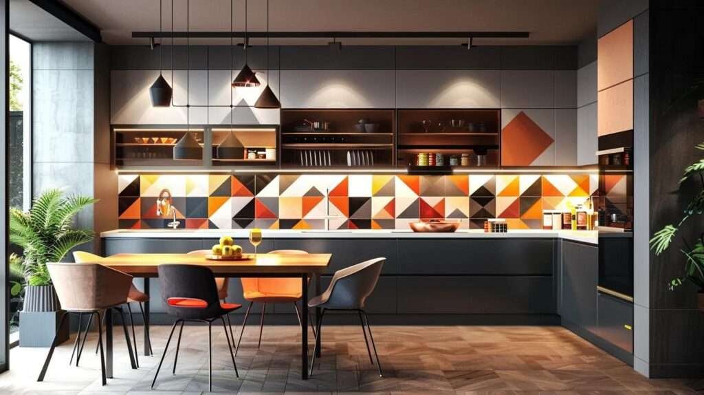 a contemporary kitchen showcases bold artistic elements, featuring striking pendant lighting, a vibrant geometric backsplash, and a minimalist cabinetry that harmoniously blend functionality with a stylish, inviting atmosphere.