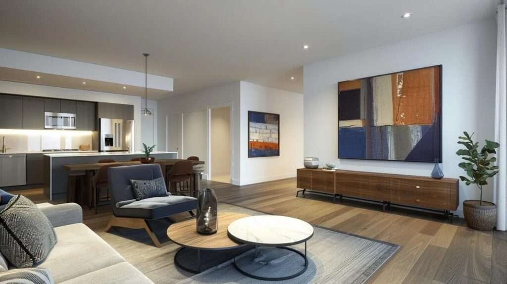 a contemporary living room showcases an inviting open-concept layout with sleek engineered wood flooring, a central custom-built entertainment center, and strategically placed bold artwork, all illuminated by energy-efficient led lighting to enhance communal interactions.