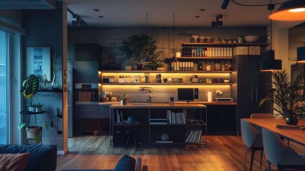 a contemporary office interior showcases a stylish kitchen with open shelving, energy-efficient lighting fixtures, and smart home controls, reflecting a modern approach to remodeling and enhancing both functionality and aesthetics.