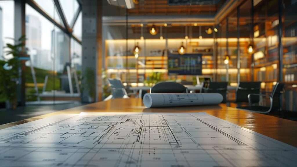 a detailed architectural blueprint resting on a polished conference table, surrounded by a high-tech design software interface projected on a screen, illustrating the various phases of a home addition project timeline in a modern urban office setting.