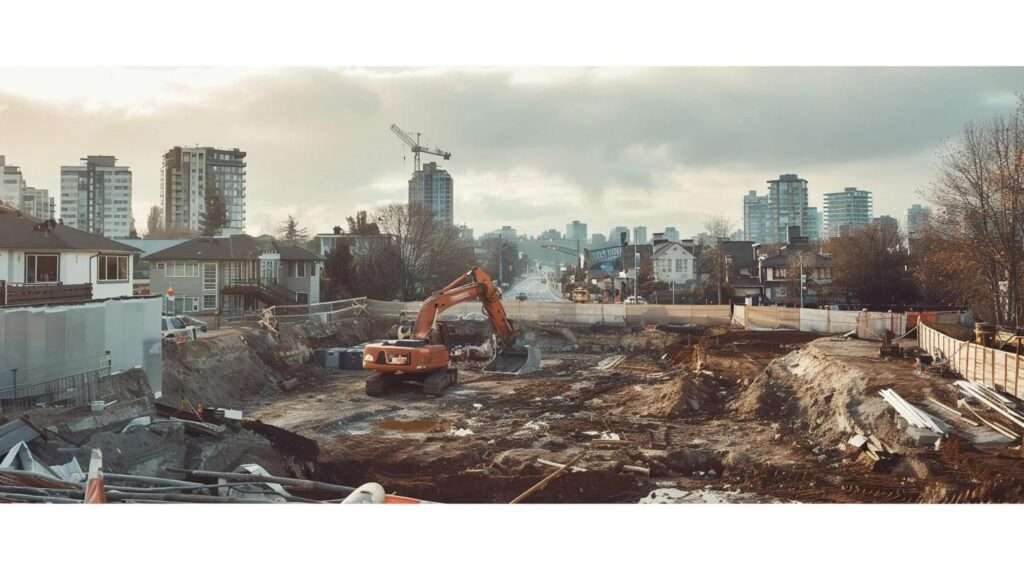a dynamic construction site bustling with activity, showcasing heavy machinery excavating dirt as workers prepare the foundation for a new home addition, set against a backdrop of partially demolished structures and urban skyline.