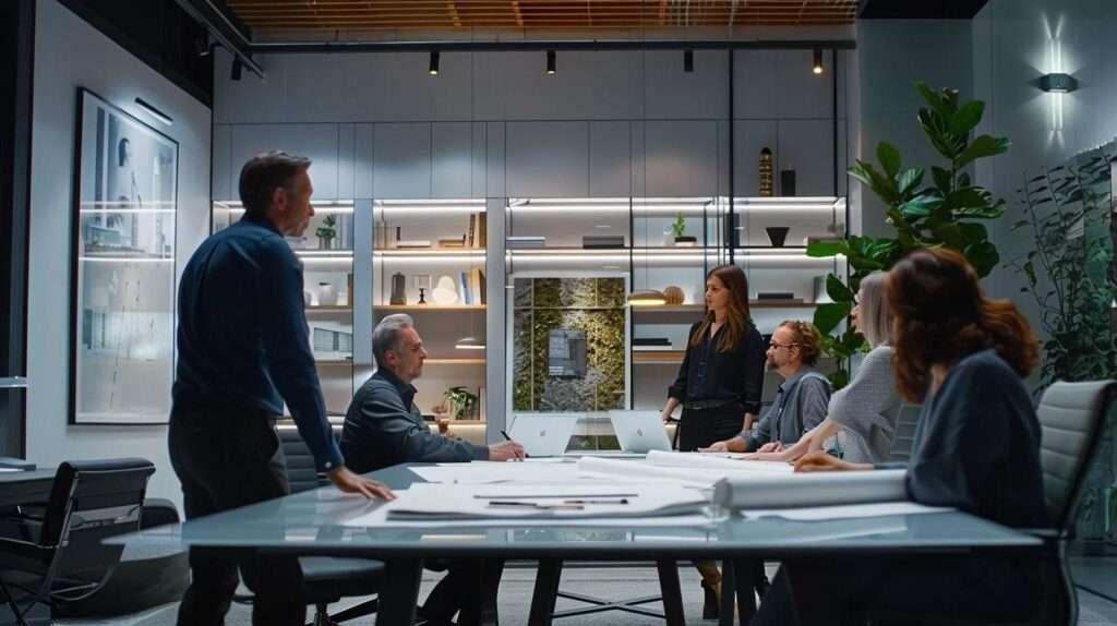 a dynamic office setting showcases a diverse team of architects and designers gathered around a sleek conference table, reviewing detailed blueprints and digital models of a home remodeling project, emphasizing collaboration, innovation, and efficiency in design and project management.