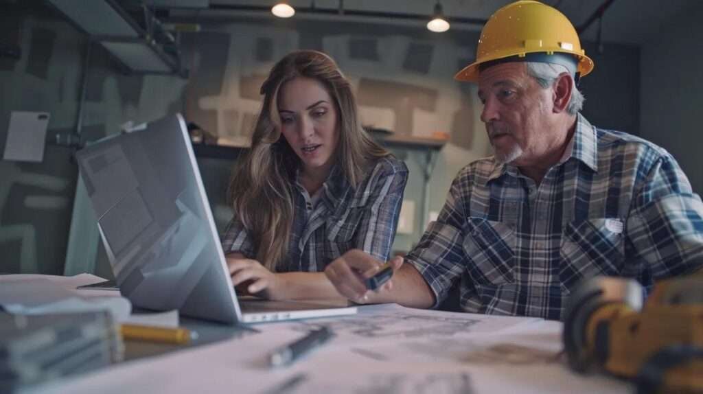a focused office scene captures a meeting where a seasoned contractor discusses metal roofing plans with a homeowner, surrounded by blueprints and a sleek laptop displaying project visuals, under bright, professional lighting.