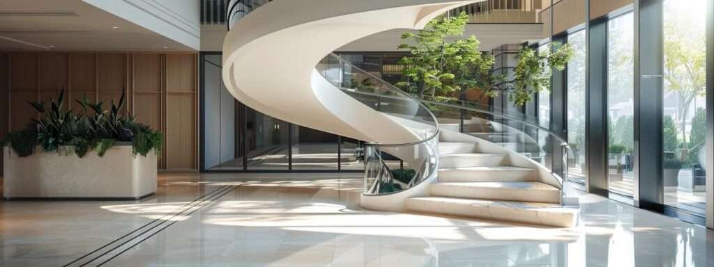 a luxurious, modern foyer showcases an elegant custom staircase spiraling gracefully between two stories, featuring high-end materials like glass and polished metal that enhance the upscale ambiance of the interior space.