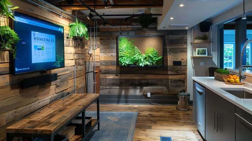 a modern basement space is illuminated by sleek, energy-efficient lighting, showcasing a blend of reclaimed wood accents and industrial elements, with a stylish mood board displayed on the wall, capturing a mix of aesthetics and innovative design visions.