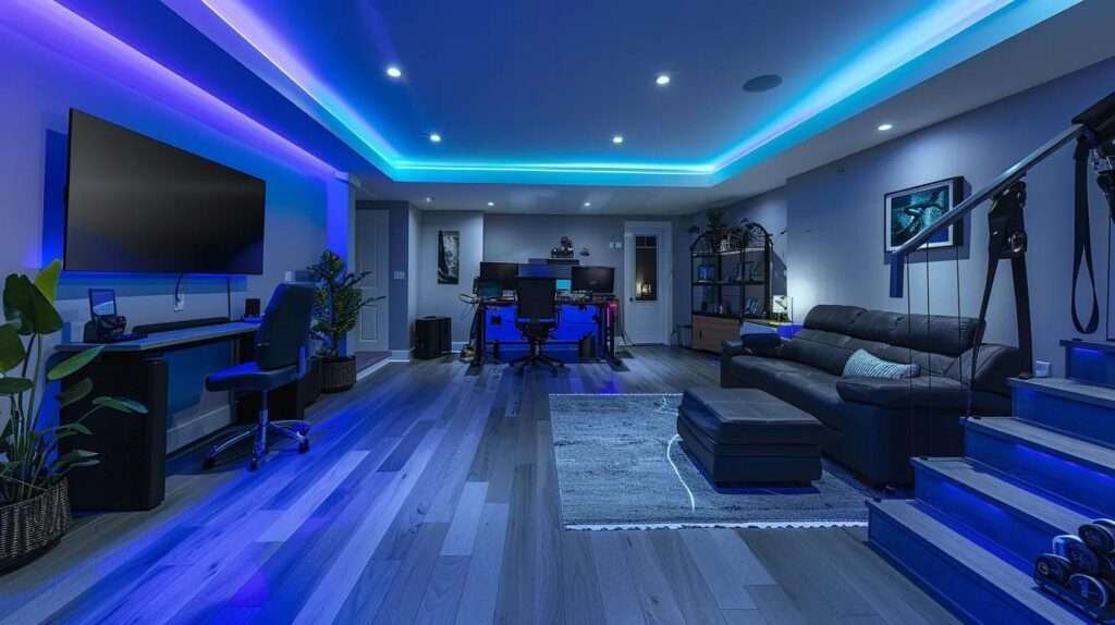a modern basement transformed into a sleek, multi-functional living space, featuring a stylish home office and gym area, illuminated by ambient lighting and equipped with smart home technology for moisture control and energy efficiency.