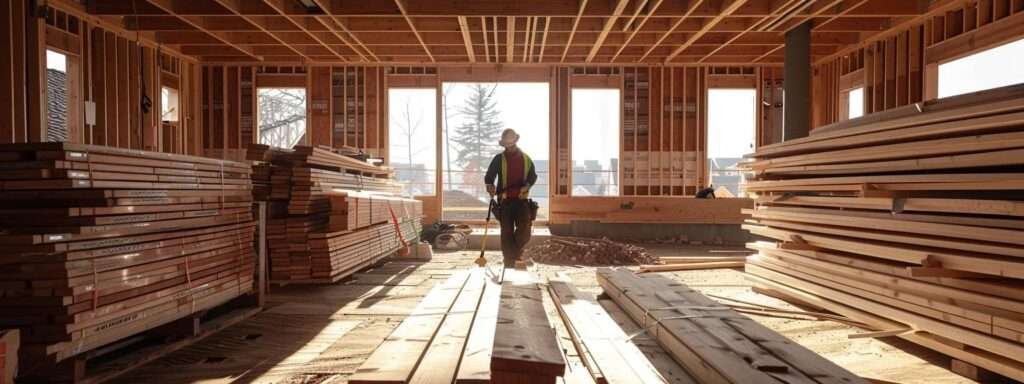 a modern construction site showcases a skilled contractor inspecting premium lumber and engineered trusses stacked neatly, emphasizing the meticulous planning required for a durable second storey addition in a bustling urban environment.