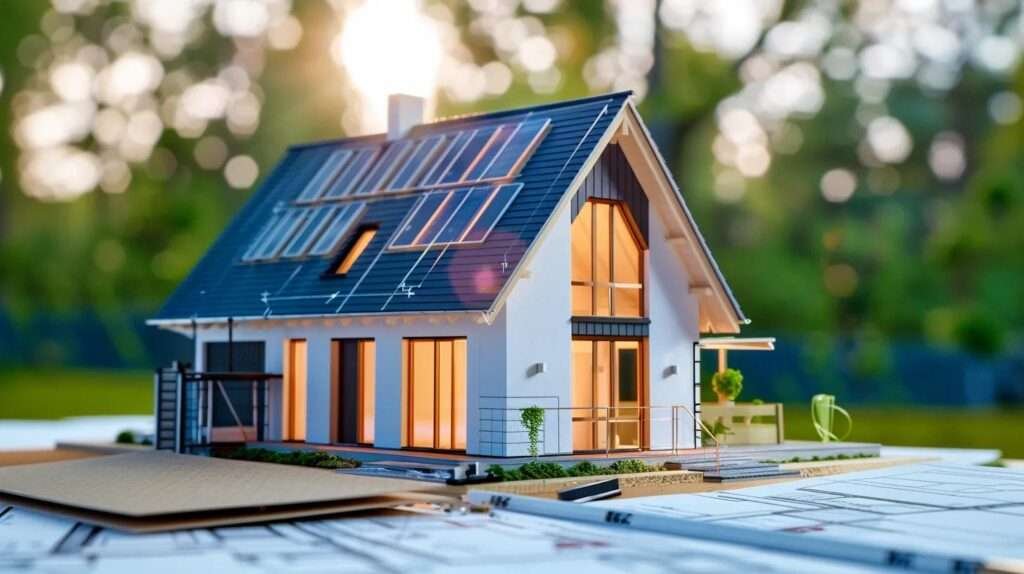 a modern eco-friendly home interior showcases sleek energy-efficient windows and smart technology features, illuminated by warm overhead lighting, highlighting sustainable materials like reclaimed wood flooring and recycled glass countertops.