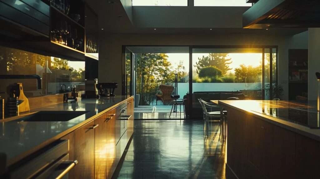 a modern, elegant kitchen seamlessly integrates advanced smart technology and eco-friendly materials, showcasing sleek lines and a harmonious design that enhances both aesthetics and functionality.