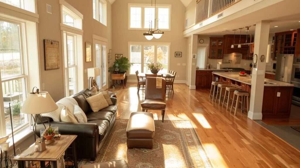 a modern, elegantly designed open-concept living room showcases innovative remodeling ideas with sleek furniture, contemporary decor, and strategically placed lighting, emphasizing a spacious and inviting layout.