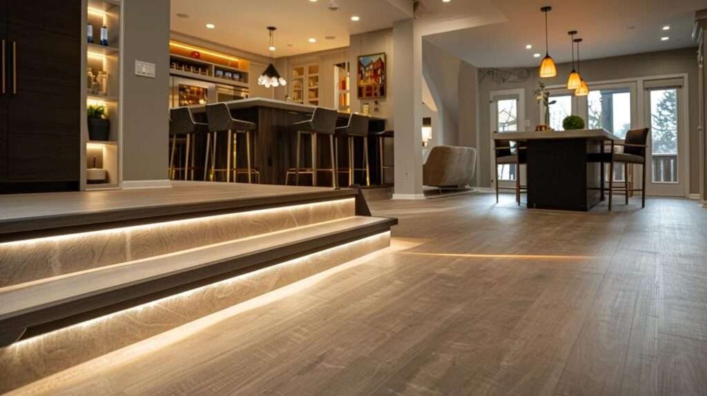 a modern, elegantly designed basement interior showcases an open-plan layout with distinct zones for leisure and dining, featuring ambient and task lighting, sleek epoxy flooring, and integrated cabinetry that enhances both functionality and aesthetics.