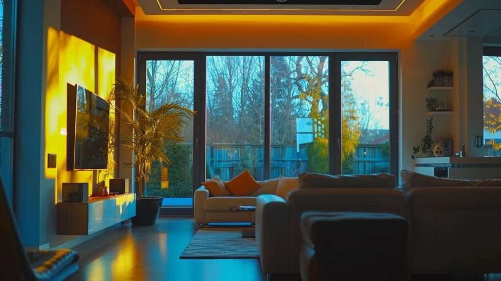 a modern, elegantly designed living room showcases vibrant, newly installed windows that flood the space with light, highlighting the seamless blend of style and affordability in window installation services.