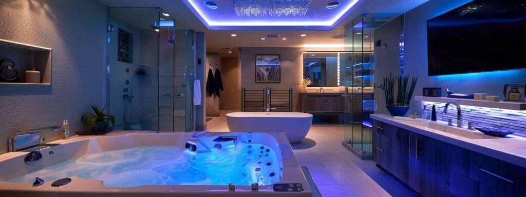 a modern, elegantly designed luxury bathroom showcases sleek drywall finishes and eco-friendly insulation features, with warm ambient lighting that emphasizes energy-efficient elements and enhanced acoustic comfort in a chic urban setting.