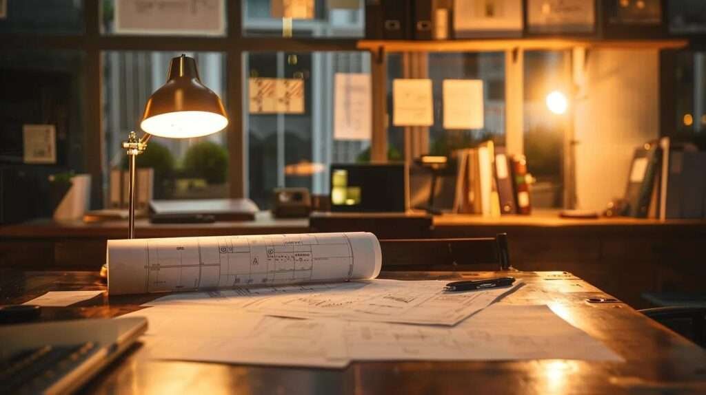 a modern, elegantly designed office space is illuminated by warm lighting, showcasing blueprints and a detailed budgeting chart spread across a polished conference table, symbolizing the meticulous planning and vision behind a successful whole house remodeling project.