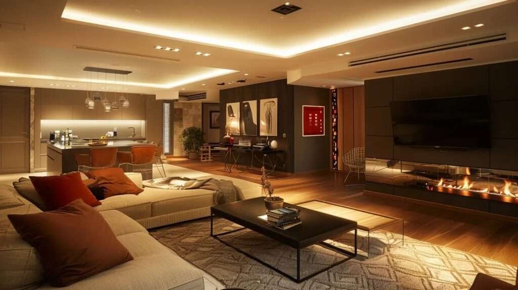 a modern, elegantly finished basement features sleek furnishings, stylish lighting, and a cozy entertainment area, exemplifying the ultimate transformation of an underground space.