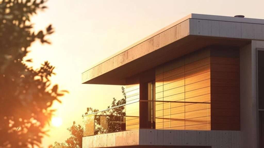 a modern home exterior showcases sleek, energy-efficient siding in a stylish urban setting, highlighting the integration of advanced materials and design that enhance both aesthetic appeal and energy performance.