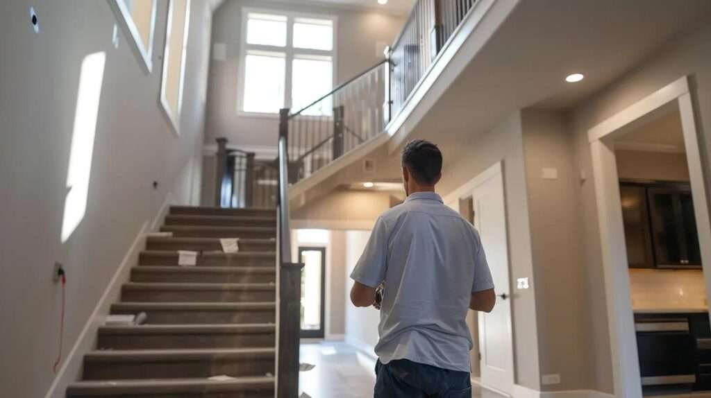 a modern home interior, elegantly arranged with freshly painted walls and pristine finishes, showcases a meticulous contractor reviewing a punch list against the backdrop of final inspections, capturing the essence of completion and readiness for occupancy.