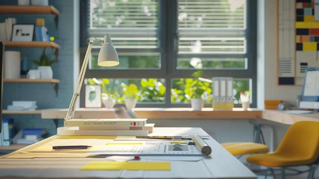a modern home interior showcases a sleek design workspace cluttered with window samples, measurement tools, and energy efficiency charts, highlighting the meticulous assessment of window needs for an upcoming installation project.