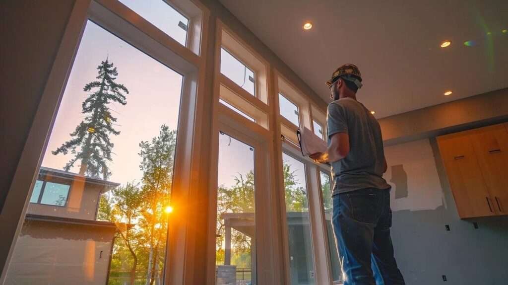 a modern home interior showcases a bright, newly installed energy-efficient window, highlighting the sleek design while a contractor reviews detailed project plans and customer feedback on a tablet nearby.