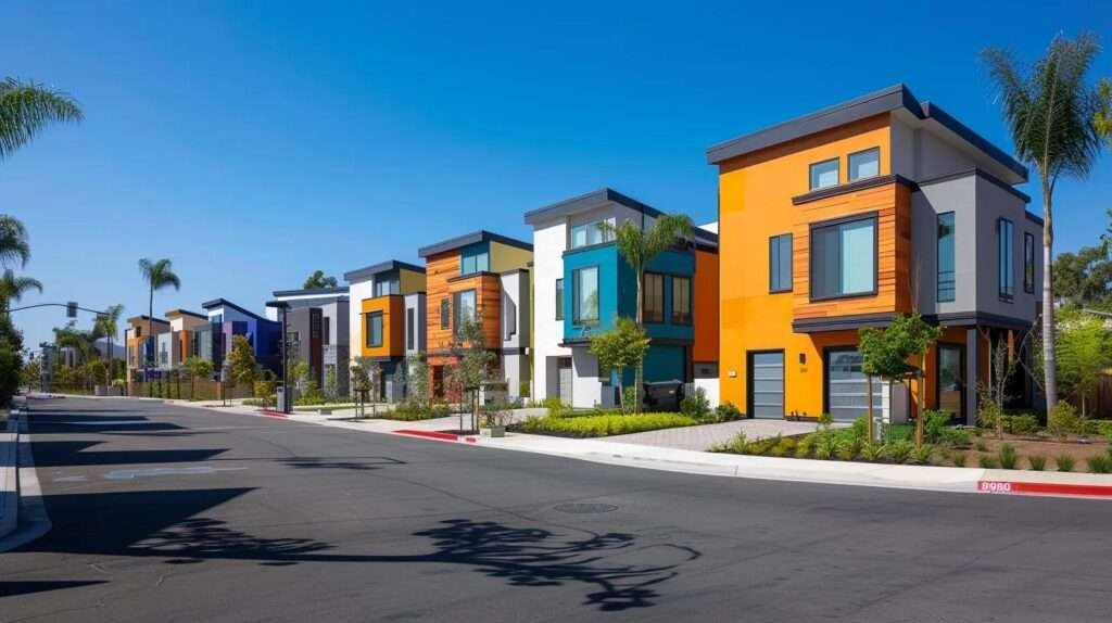 a modern home showcasing vibrant, energy-efficient siding in a sleek urban neighborhood, with a clear blue sky overhead, emphasizing the smart investment aspect through inviting architecture and distinct insulation features.