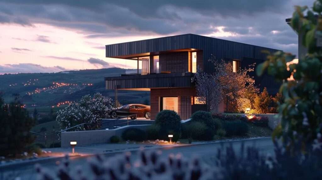 a modern house clad in sleek, energy-efficient steel siding glistens under artificial lighting, showcasing its insulated panels that emphasize superior weather resistance and a contemporary aesthetic against an urban backdrop.