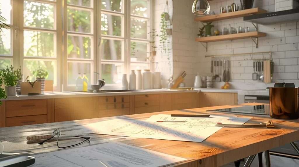 a modern kitchen remodeling workspace showcasing a detailed budget plan on a sleek desk, surrounded by design samples and tools, emphasizing the meticulous planning and professional guidance needed for a successful renovation.