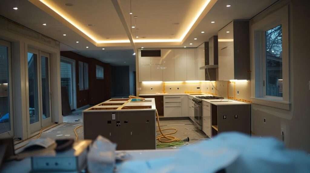 a modern kitchen renovation in progress showcases sleek cabinetry and sophisticated under-cabinet lighting, emphasizing a blend of practical functionality and contemporary design under vibrant artificial lighting in a professional setting.