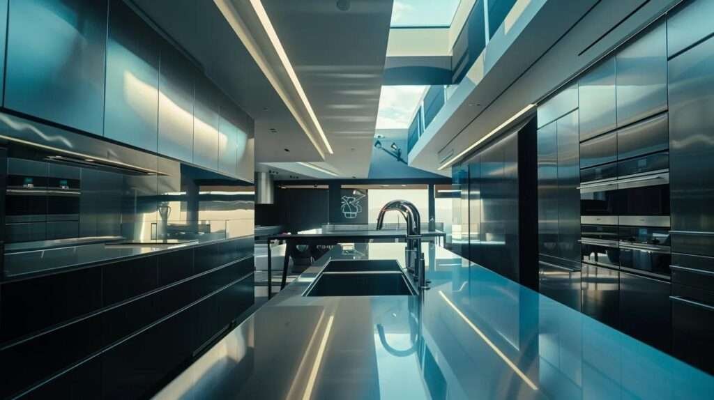 a modern kitchen showcases sleek smart appliances integrated with touchless faucets and customizable lighting, creating a high-tech, efficient space designed for seamless interaction and enhanced culinary experiences.