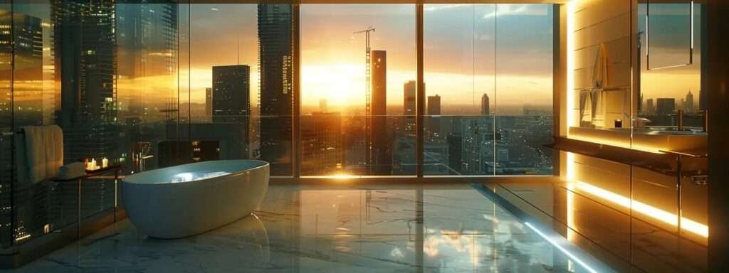 a modern luxury bathroom on the second story, featuring elegant fixtures, opulent materials, and large windows with a stunning urban skyline view, illuminated by soft ambient lighting.