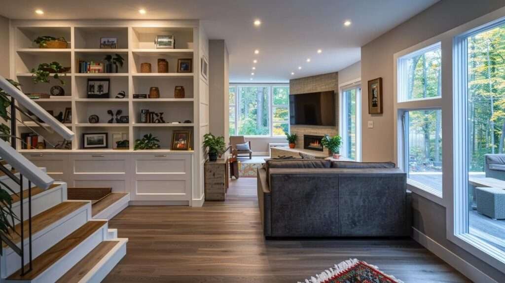a modern, minimalist home addition showcases innovative storage solutions, featuring sleek built-in cabinets and under-stair drawers that seamlessly blend functionality and style in a well-organized, airy interior.