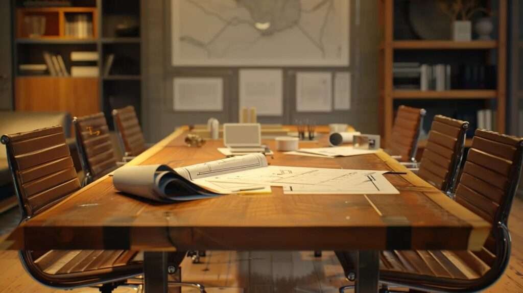 a modern office conference room showcases a large, sleek wooden table surrounded by stylish chairs, with blueprints and building permit documents prominently displayed, emphasizing the theme of simplifying home addition processes.