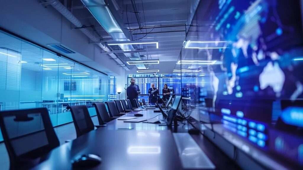 a modern office conference room featuring a large digital screen displaying a detailed project timeline for affordable home window installations, surrounded by professionals engaged in discussions and reviewing material samples, with a focus on effective planning and communication.