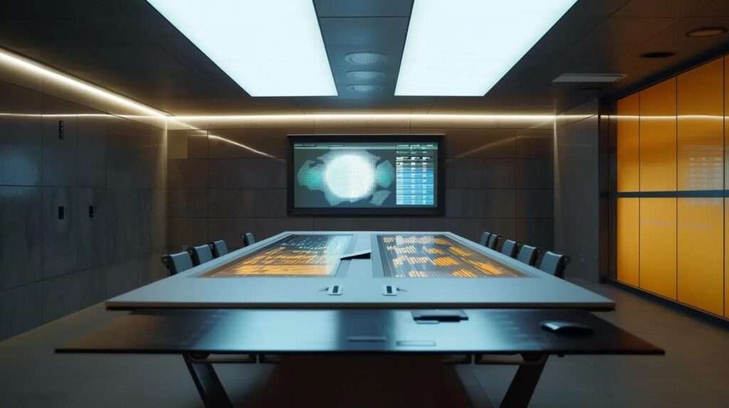 a modern office conference room with a sleek, large table displaying a digital screen showcasing a clear and visually appealing basement renovation cost breakdown, emphasizing various categories and expenses to facilitate strategic budget discussions.