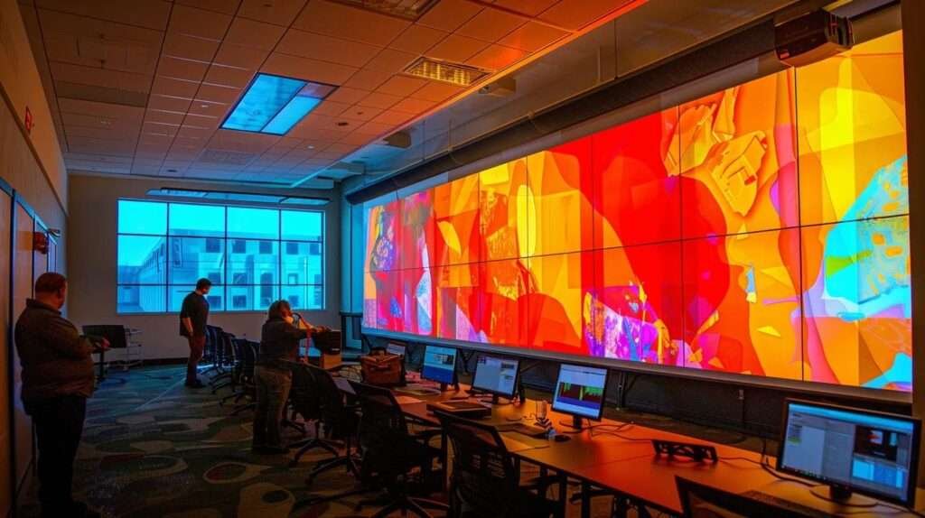 a modern office conference room showcases a large digital display featuring a vibrant comparative table of energy-efficient siding options, with sleek design elements and professional lighting highlighting the energy savings, durability, and aesthetic benefits for homeowners.