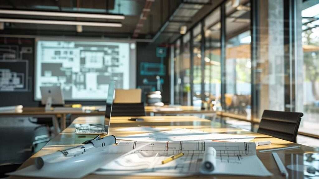 a modern office setting showcases a collaborative meeting space, featuring a large conference table with blueprints and architectural plans spread out, while construction updates are projected on a screen, emphasizing the complexity and planning required for home addition projects.