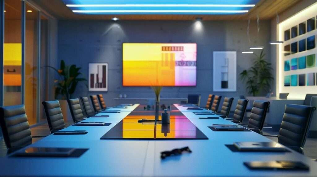 a modern office space displays a large, collaborative table covered with a comprehensive remodeling checklist, energy-efficient building materials, and digital tools, emphasizing the contrast between diy methods and professional remodeling in a sleek, professional environment.
