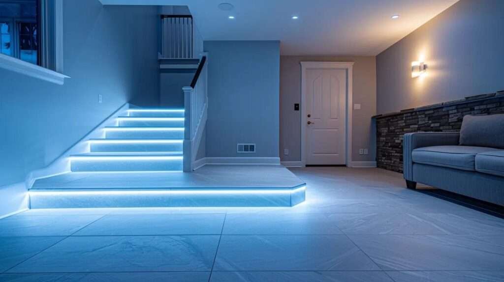 a modern, sleek basement transformation showcases enhanced waterproofing with a stylish sump pump setup, efficient ventilation systems, and innovative led lighting, creating a bright and inviting multi-use space designed for both relaxation and productivity.