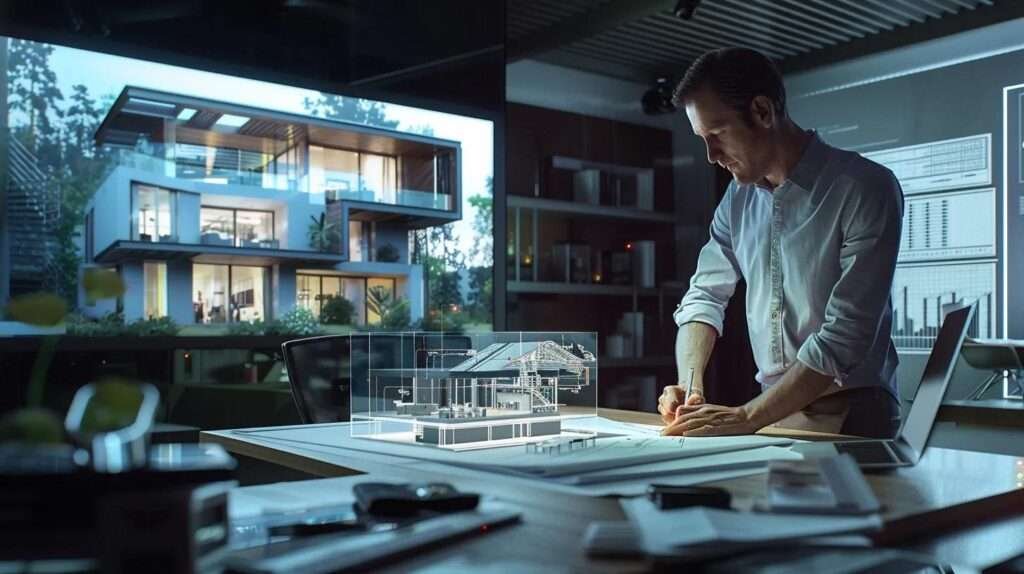 a modern, sleek office environment showcases a professional architect intently reviewing detailed blueprints and a sophisticated 3d model of a house, with budgeting charts prominently displayed on a large screen in the background.