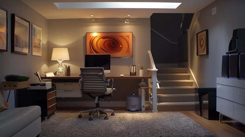 a modern, stylish basement transformed into a cozy home office, featuring sleek furniture, ambient lighting, and decorative wall art, illustrating the potential of finishing underutilized spaces for enhanced functionality and aesthetic appeal.