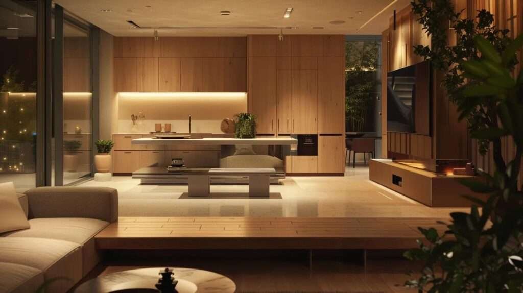 a modern, stylish interior of a newly designed home addition showcases an open layout, featuring multifunctional furniture and elegant lighting, emphasizing space efficiency and aesthetic appeal through sleek materials and smart zoning.