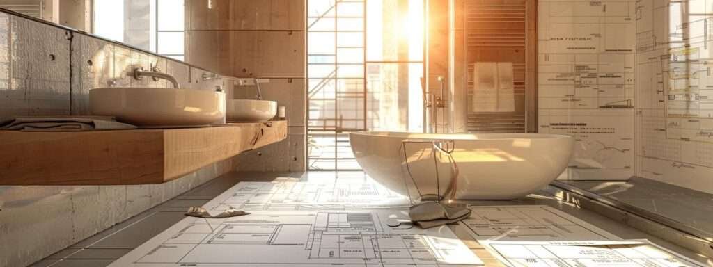 a modern, upscale bathroom renovation project is underway in a warmly lit urban construction site, with detailed plans and a meticulous budget spreadsheet prominently displayed on a sleek worktable, showcasing the integration of luxurious finishes and smart financing strategies.