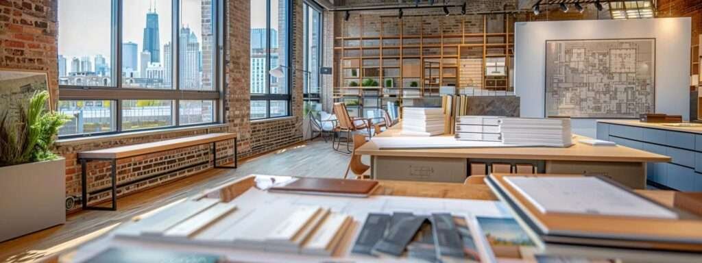 a modern, upscale home renovation office showcases intricate architectural plans and high-end materials displayed on sleek surfaces, with a backdrop featuring a vibrant chicago skyline, emphasizing the expertise in adding luxurious bedrooms and bathrooms.