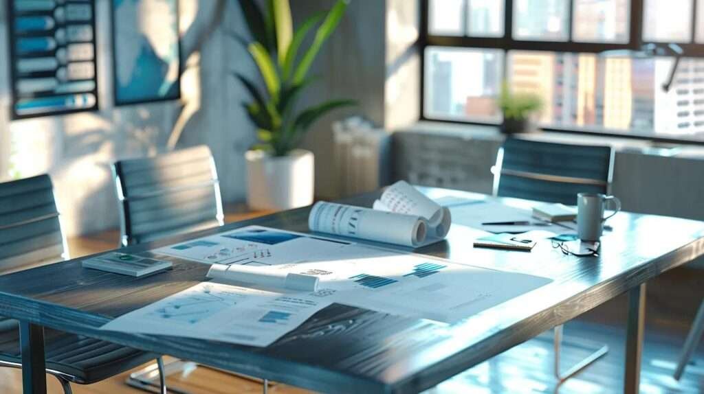 a modern urban office setting showcases a sleek metal roofing sample displayed prominently on a polished conference table, surrounded by blueprints and energy efficiency charts, highlighting the durability and aesthetic appeal of metal roofs in today’s architecture.
