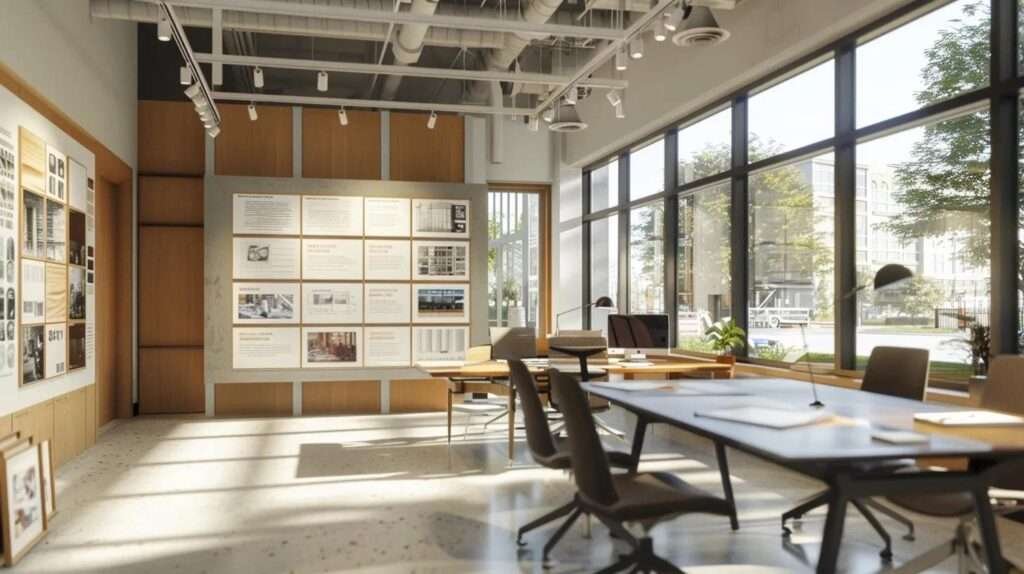 a modern urban office setting showcases detailed case studies and testimonials on a sleek presentation board, illustrating before-and-after images of a historic home renovation with custom wood windows that dramatically enhanced energy efficiency and aesthetic appeal.
