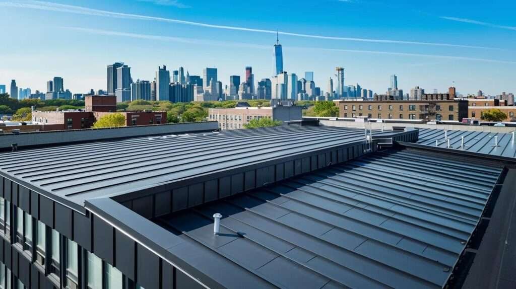 a modern urban roofscape featuring sleek metal roofing gleaming in the sunlight, showcasing its energy-efficient properties, with a city skyline in the background emphasizing the blend of durability and sustainability.
