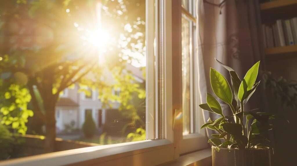 a modern, well-lit home interior showcases an elegant living space with newly installed energy-efficient windows, highlighting their sleek design and the inviting natural light streaming in, signifying comfort and enhanced insulation.