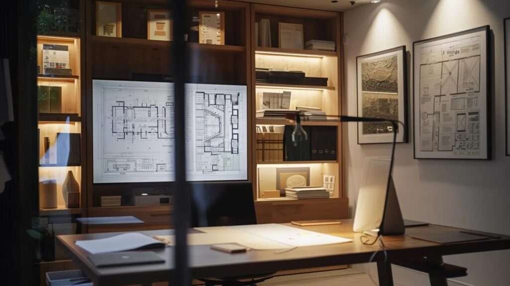 a modern, well-organized home office filled with architectural blueprints and renovation materials, featuring a sleek design table and a large wall-mounted screen displaying detailed plans, illuminated by focused overhead lighting, emphasizing the meticulous planning involved in a home addition project.