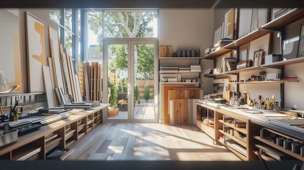 a modern, well-organized home renovation workspace showcases a sleek window installation process, featuring advanced tools and samples, with a focus on meticulous planning and customization.